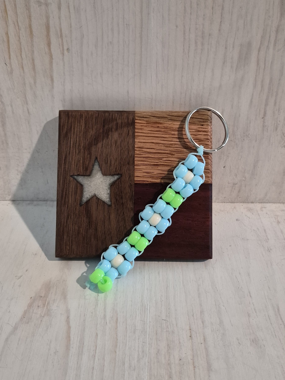 Beaded Keychain with Light Blue, White & Neon Green Accents